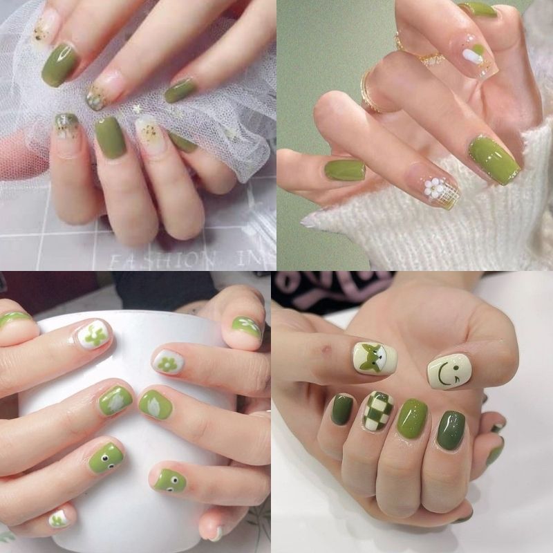 mẫu nail tay màu xanh lá