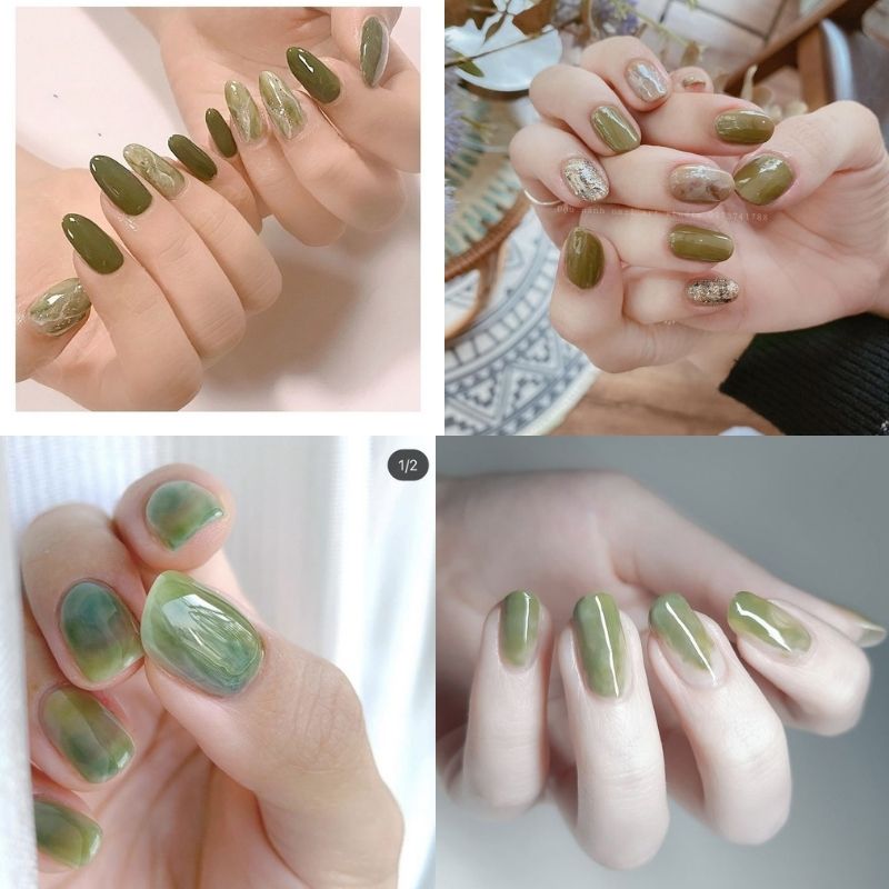 mẫu nail tay màu xanh lá