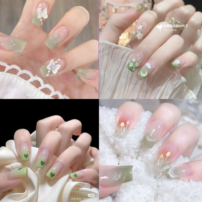 mẫu nail tay màu xanh lá