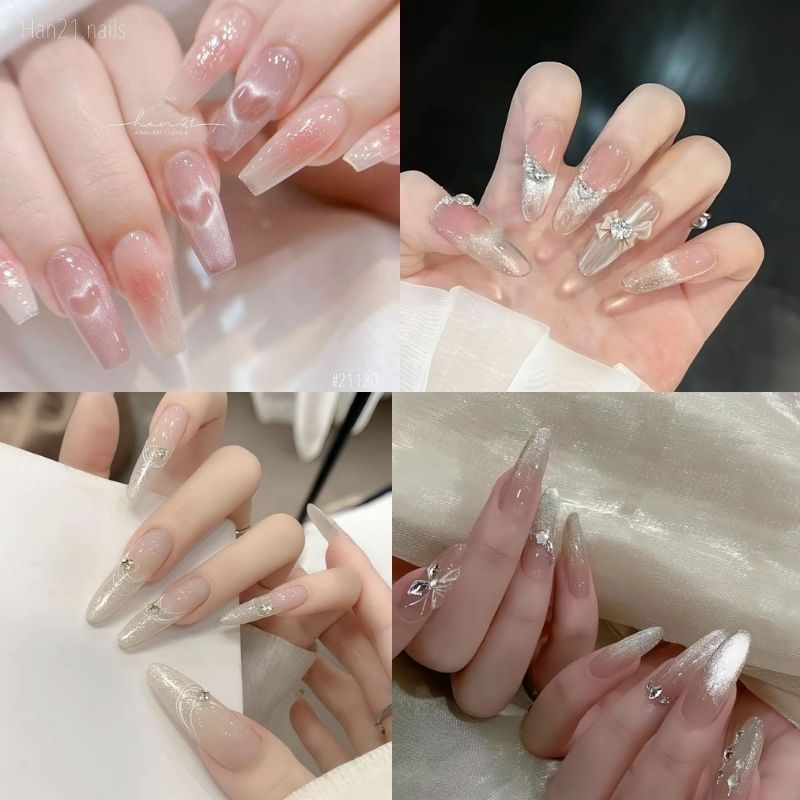 mẫu nail màu hồng thạch