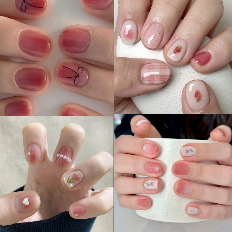 mẫu nail màu hồng thạch