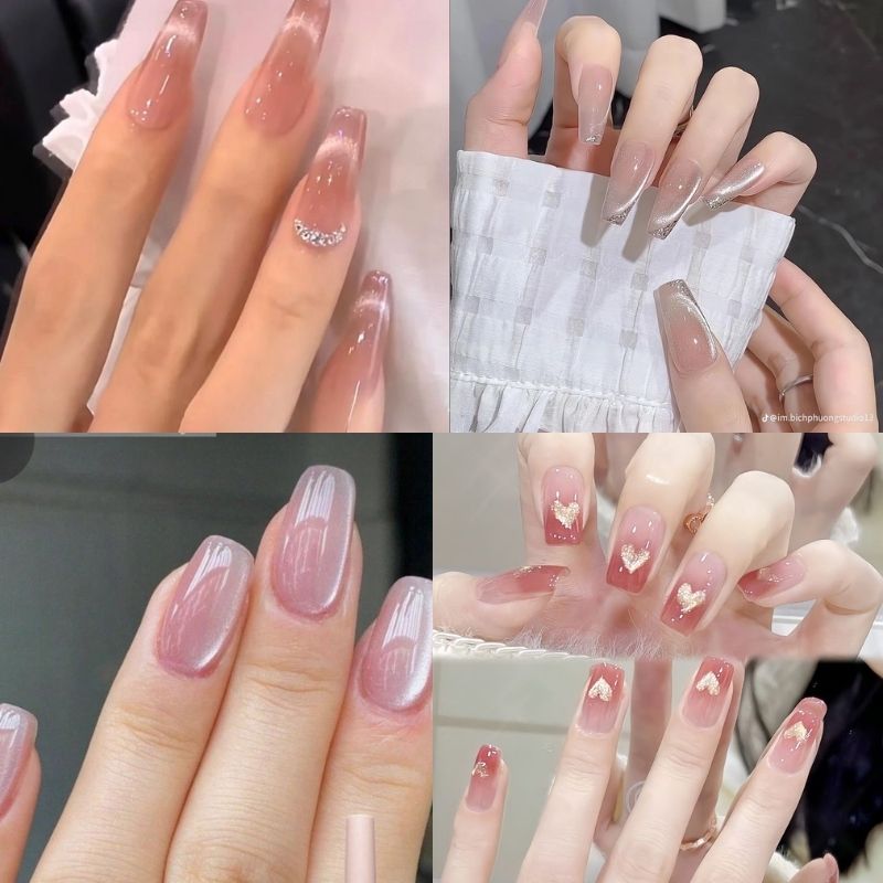 mẫu nail màu hồng thạch