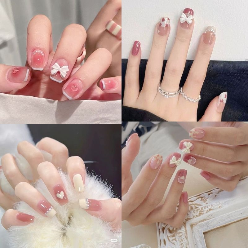 mẫu nail màu hồng thạch