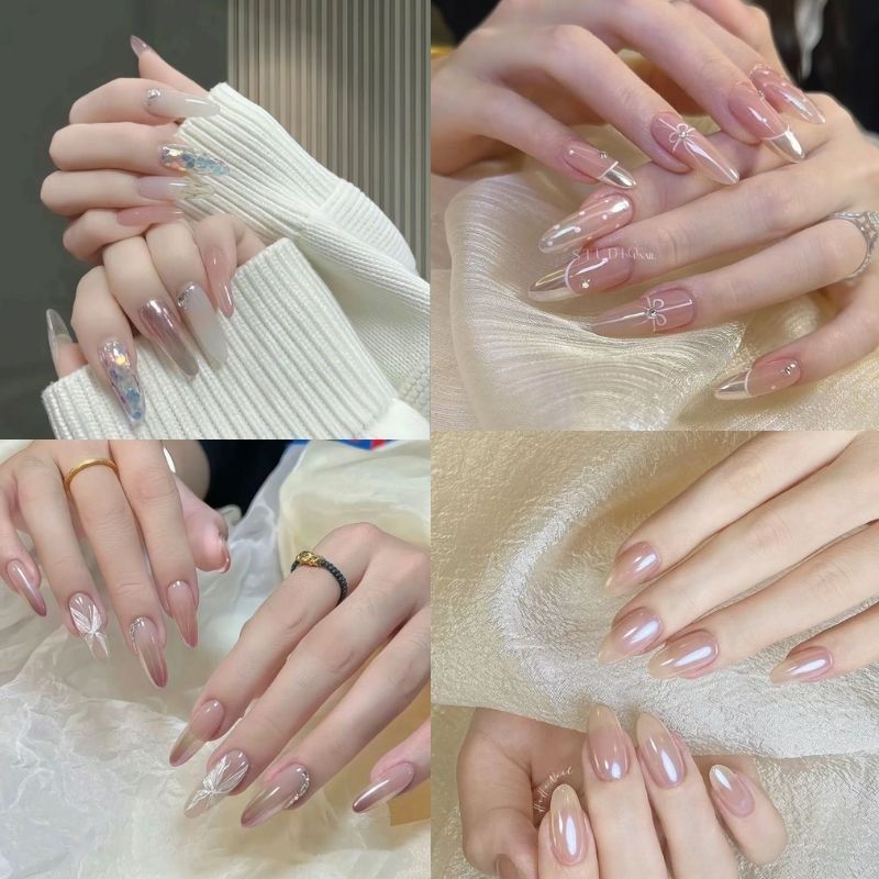 mẫu nail màu hồng thạch